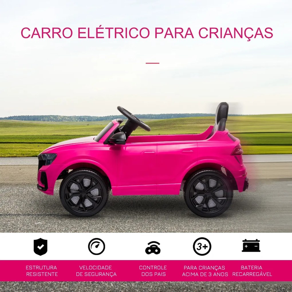 Carro Elétrico Infantil acima de 3 anos Licença Audi RS Q8 com Bateria 6V Controle a Distância Música MP3 Buzina e Luzes Velocidade Máx. 3km/h 101x62x