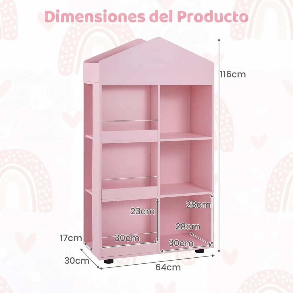 Estante infantil de madeira com 64 x 30 x 116 cm, em forma de casinha para bonecas, com compartimentos, para quarto de bebé, Rosa