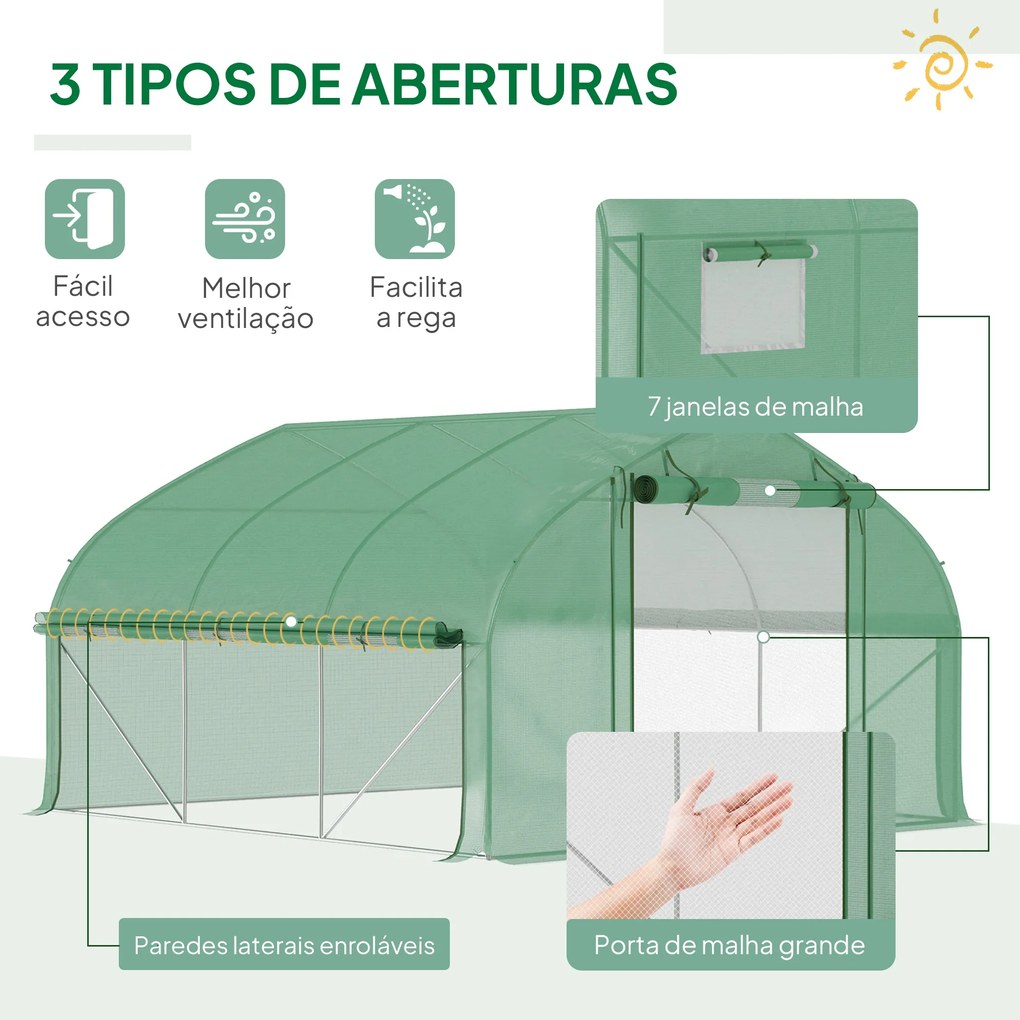 Estufa Tipo Túnel 347x300x200 cm Estufa de Jardim com Porta Enrolável 6 Janelas Cobertura PE 140g/m² Verde