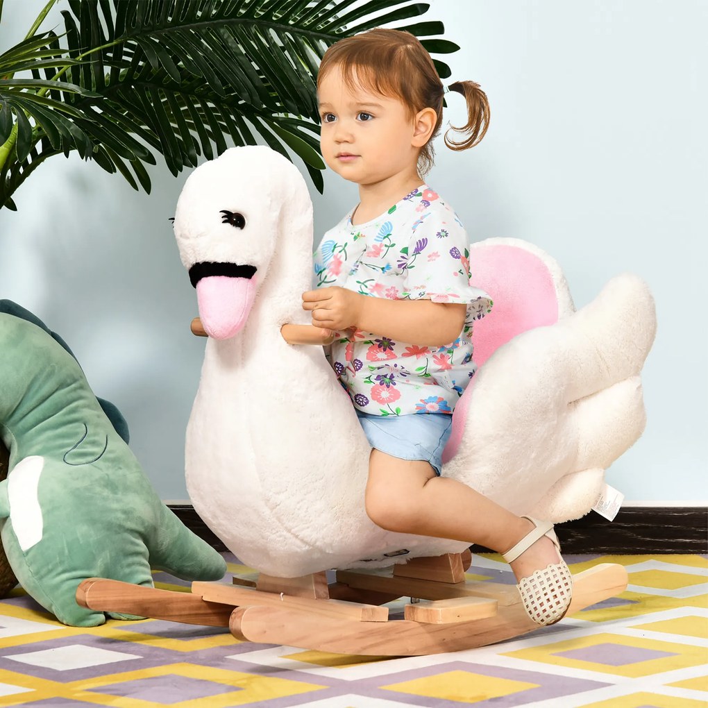 Cavalo de baloiço em forma de cisne para crianças a partir dos 18 meses, com função musical e pés em madeira - branco e rosa