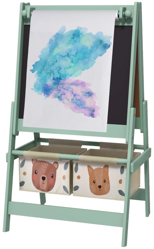 AIYAPLAY Cavalete Infantil 3 em 1 Arte com Rolo de Papel Quadro 2 Cestas Armazenamento 54x46,5x93 cm Verde para Crianças