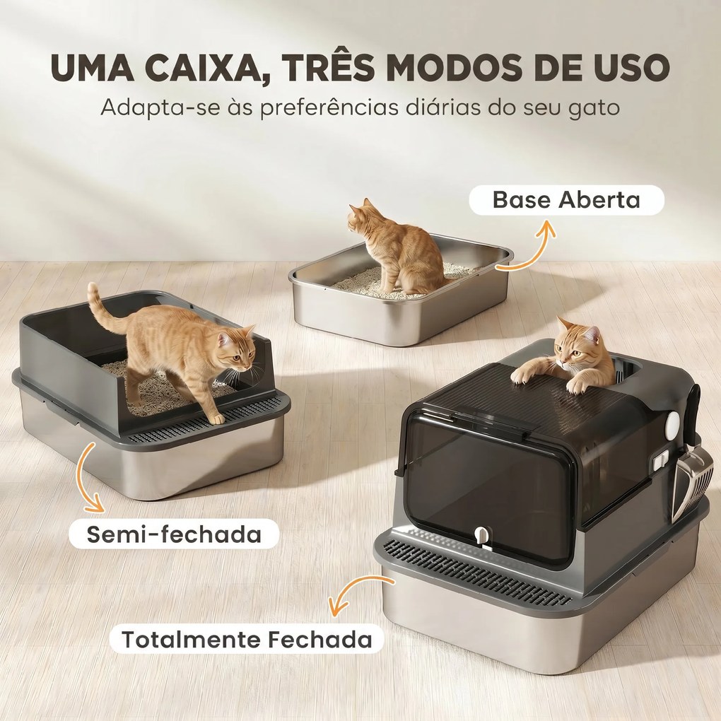 Caixa de Areia para Gatos XXL em Aço Inoxidável com Tampa Basculante, Laterais Altas, Entrada Superior, Pá, Preto