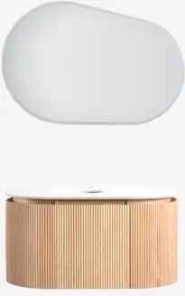 Conjunto De Móvel De Casa De Banho Suspenso 90x50 Cm Em Madeira Carsone Madeira Natural & Sem Unidade Auxiliar & Sem Lavatório & Oval Led E Anti-embac
