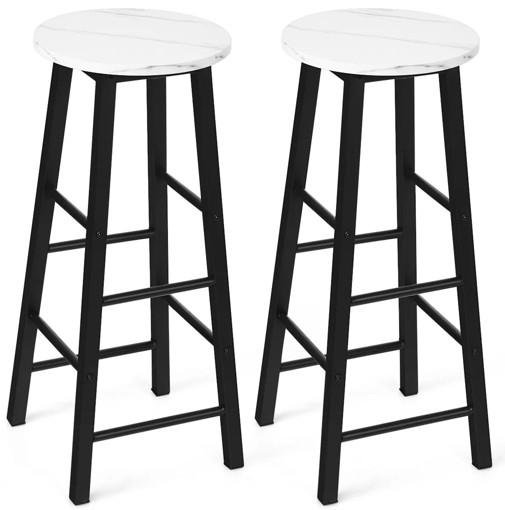 Conjunto de 2 bancos altos de mármore sintético rústico para bar Cadeiras altas com assento redondo para sala de jantar com apoio para os pés para bar