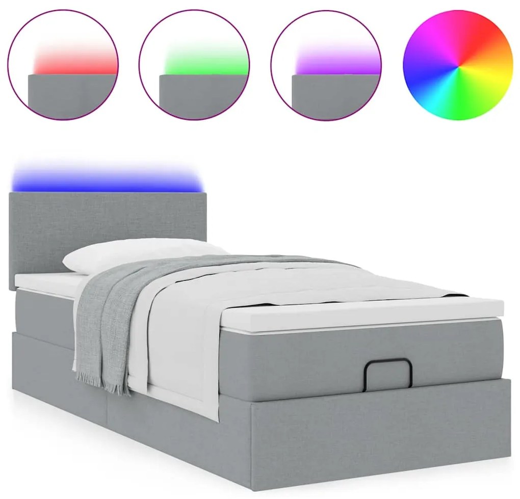 Cama Otomana com colchão & LEDs 90x200 cm tecido cinzento claro