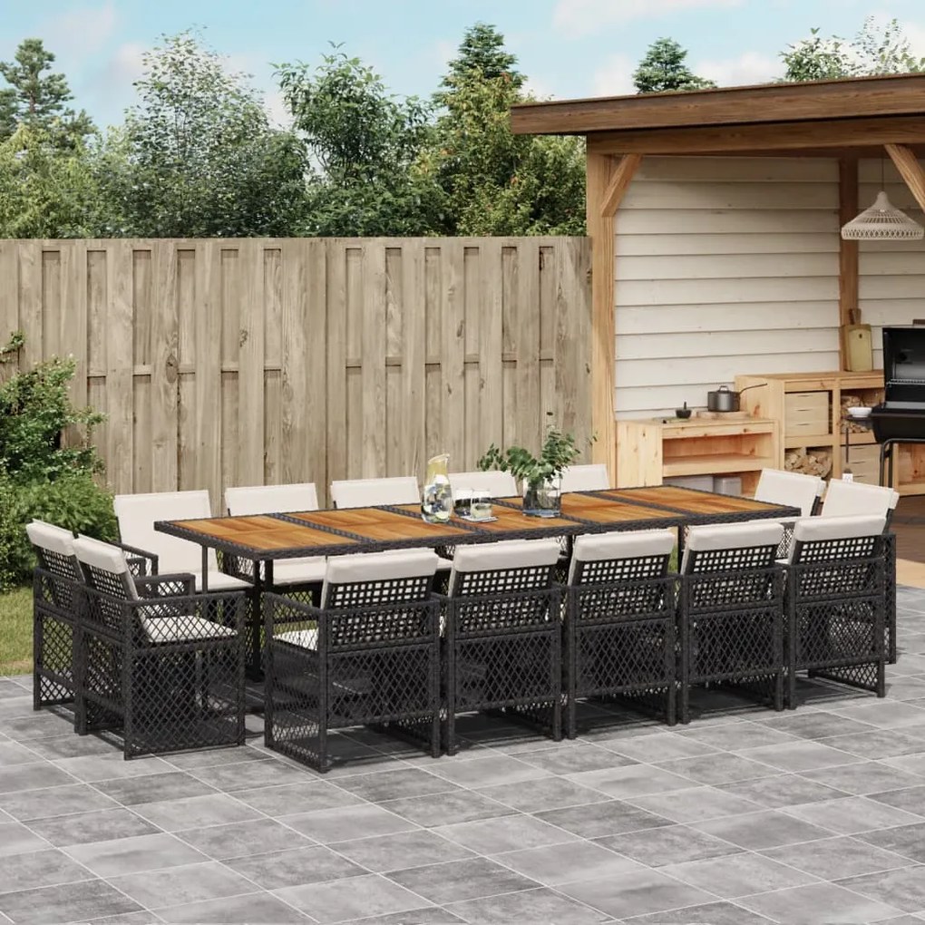 vidaXL 15 pcs conjunto de jantar p/jardim com almofadões vime PE preto