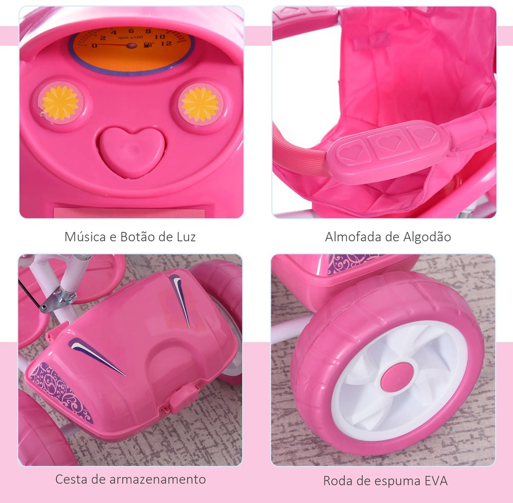 HOMCOM Triciclo para crianças acima de 3 anos Triciclo evolutivo dobrável com funções de luz e música Toldo Forma DE Motocicleta 102x48x96 cm Rosa