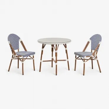 Conjunto De Mesa Redonda Brielle Bistro (80 Cm De Diâmetro) E Duas Cadeiras De Jardim Empilháveis De Alumínio Azul Ken - Gardénia Branco - Sklum