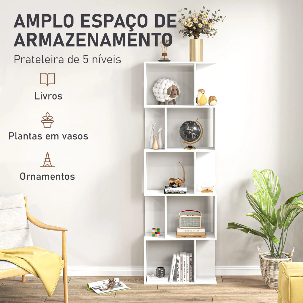 Estante de 5 Níveis em Forma de S com 10 Prateleiras para Quarto Escritório Sala 60x24x184,5 cm Branco