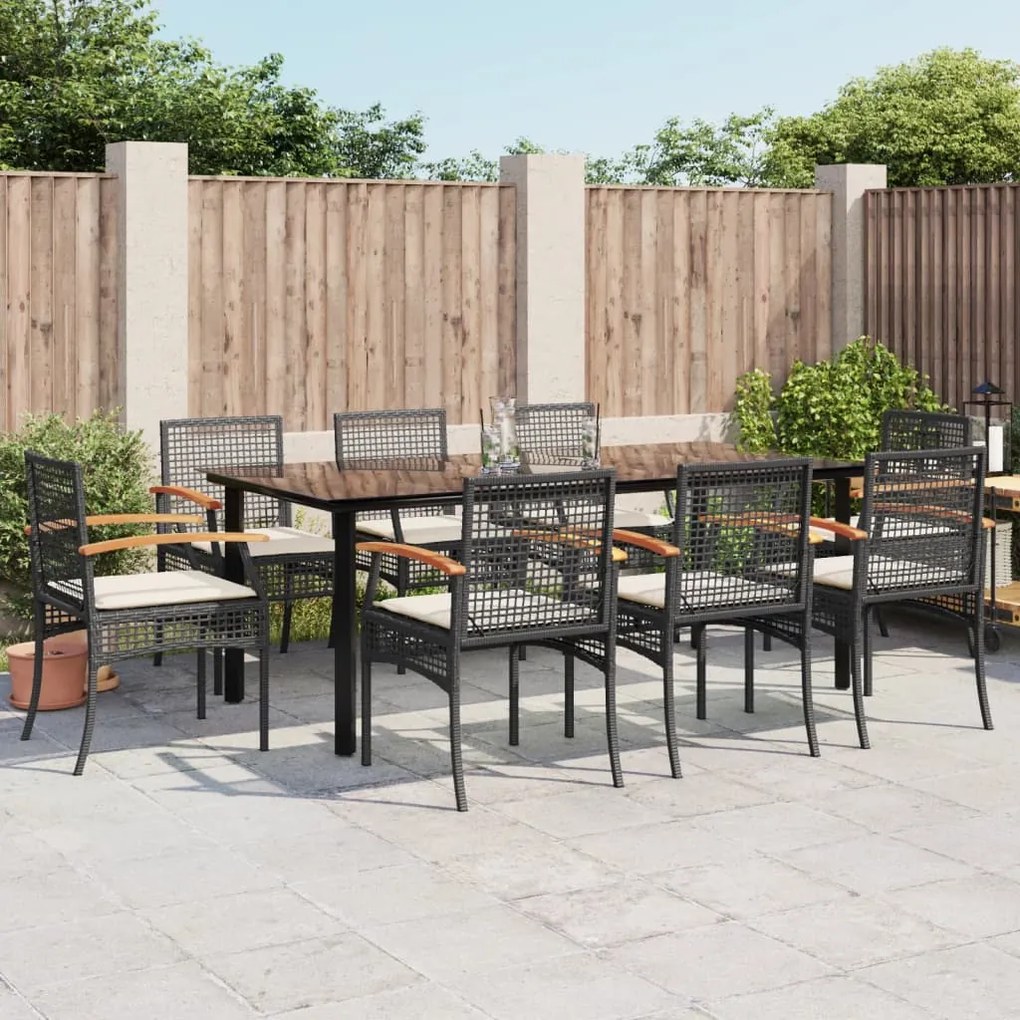 vidaXL 9 pcs conjunto de jantar p/ jardim c/ almofadões vime PE preto