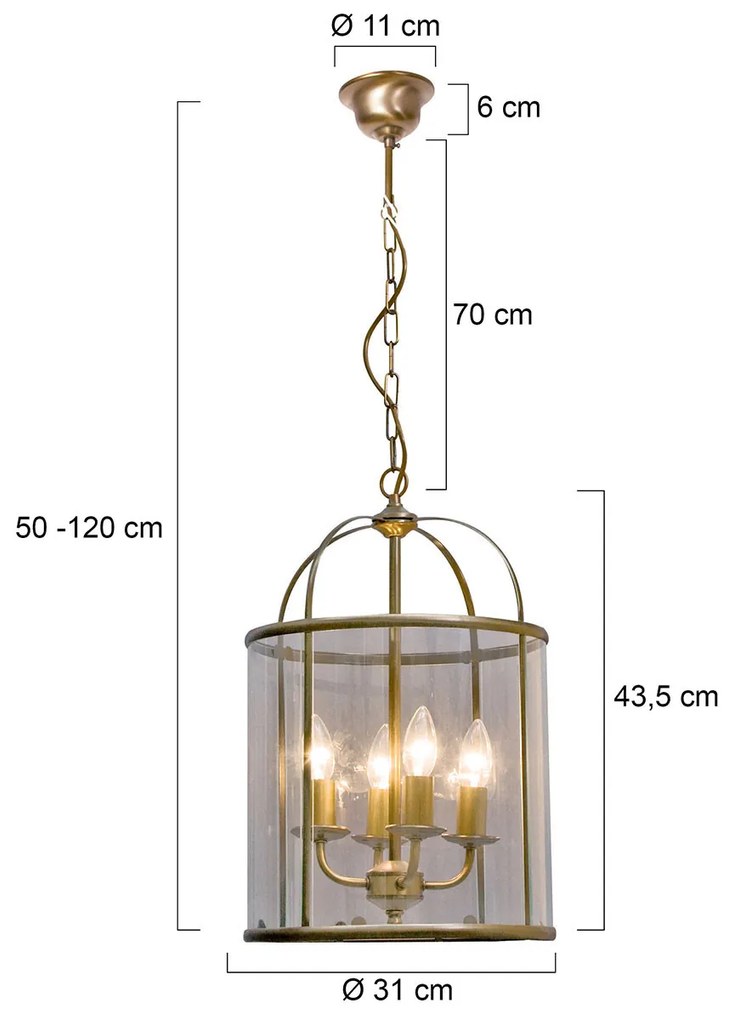 Candeeiro suspenso vintage bronze com vidro transparente 4 luzes - Pimpernel Clássico / Antigo