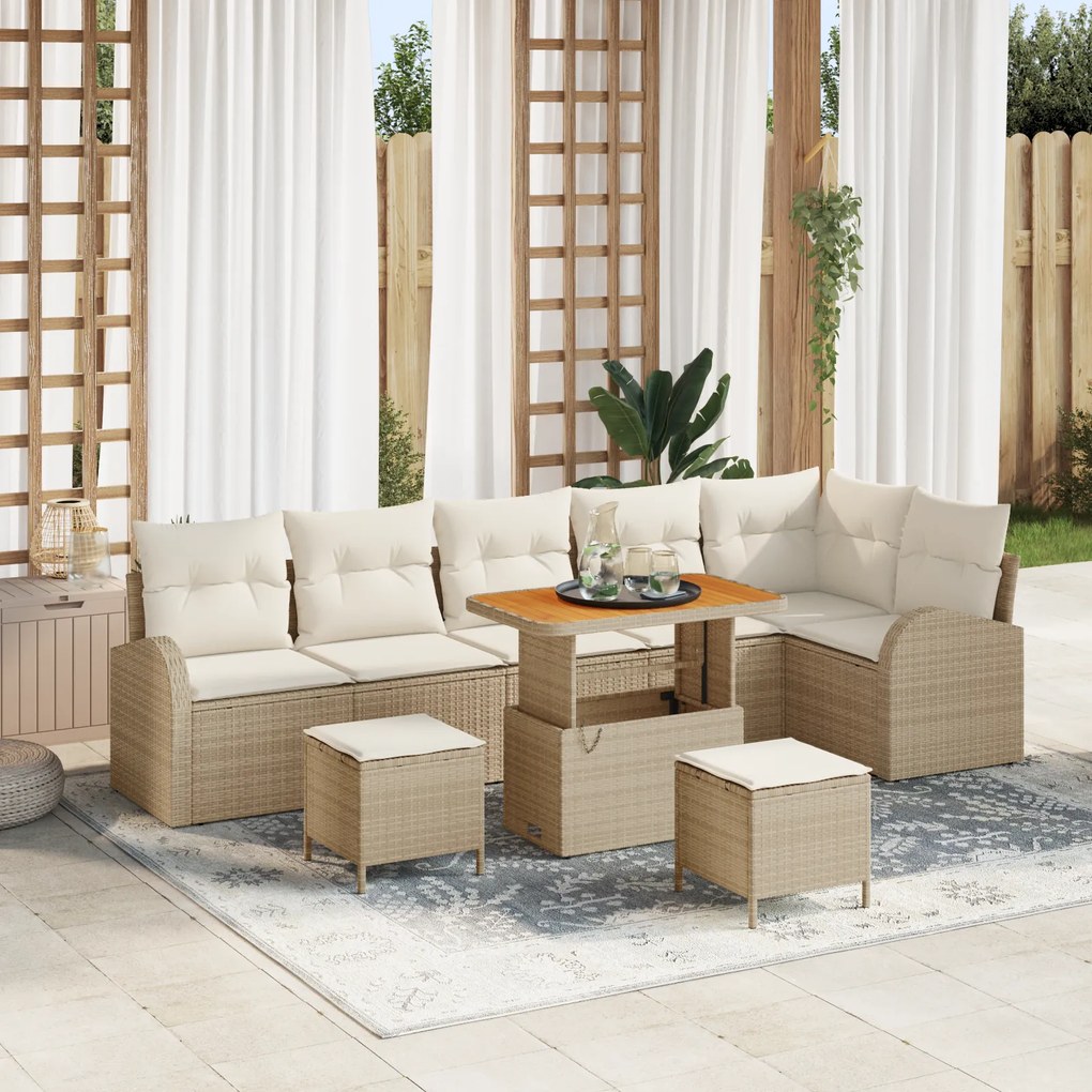 Conjunto de Sofá de Jardim vidaXL 9 peças com Almofadas Bege Rattan Polipropileno Acácia