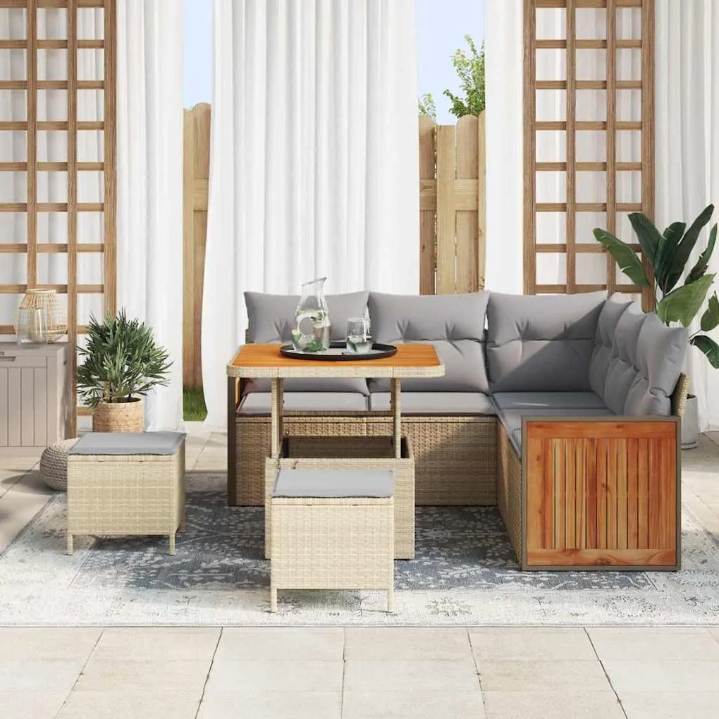 Conjunto de Sofá de Jardim de 8 Peças com Almofadas Bege Vime Poliéste