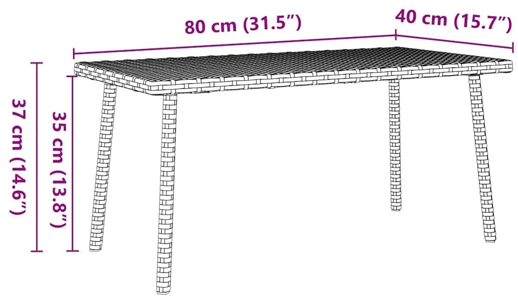 Mesa de centro de jardim retangular 80x40x37cm vime PE castanho