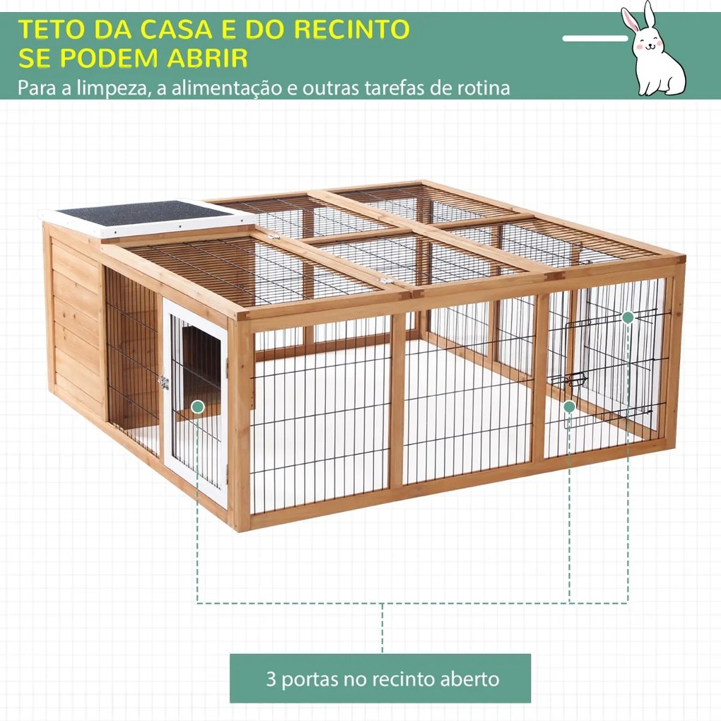 Coelheira de Exterior Gaiola para Coelhos Porquinho da India Animais Pequenos com 2 Portas Superiores e Teto Asfáltico Dobrável 123x120x52cm Madeira Natural