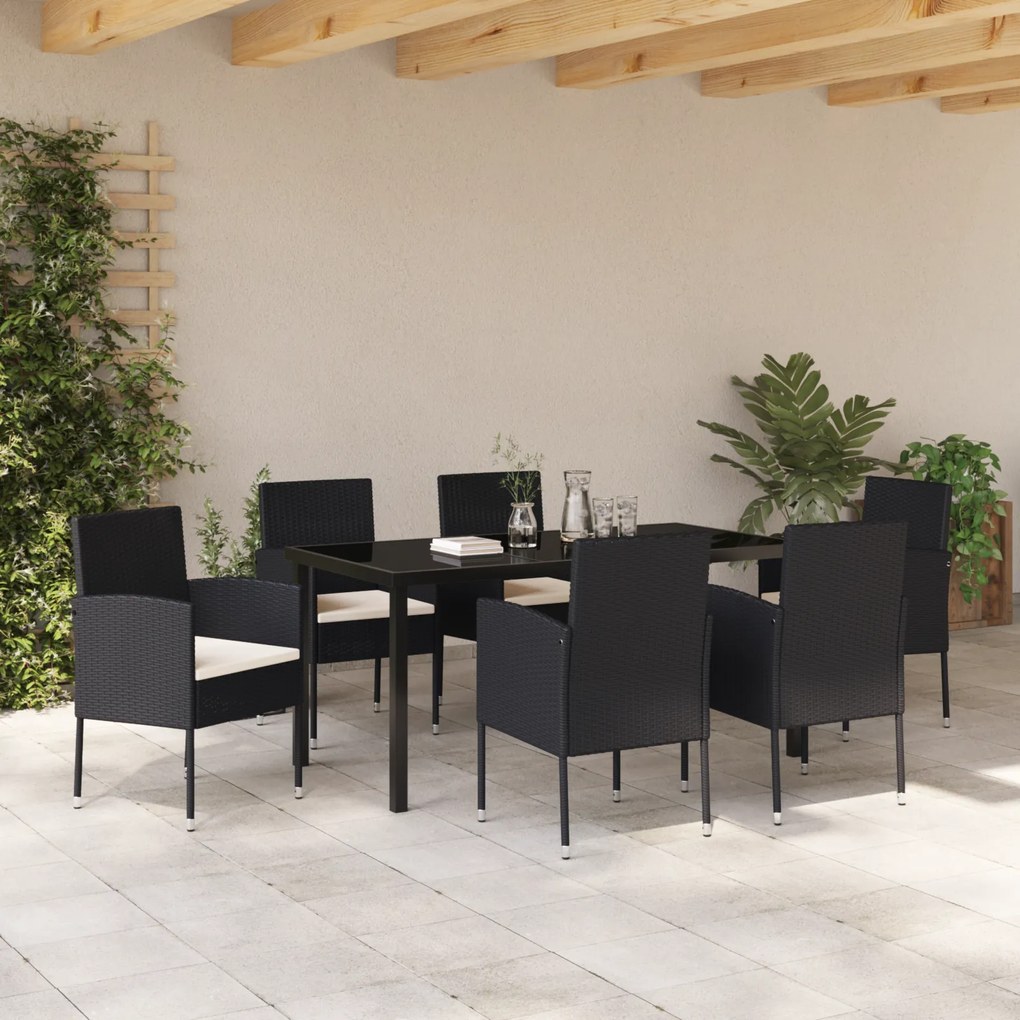 Conjunto de Jantar de Jardim 7 Peças com Almofadas Preto Rattan Poliés