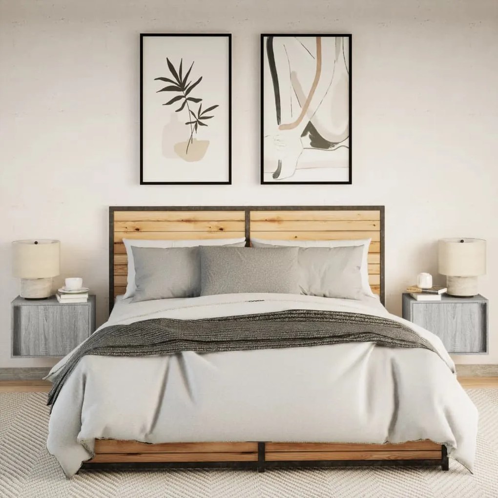 Mesas de cabeceira de parede com luzes LED 2pcs cinzento sonoma