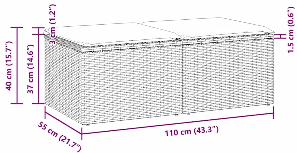 2 pcs conjunto sofás jardim almofadões vime PE/acácia cinzento