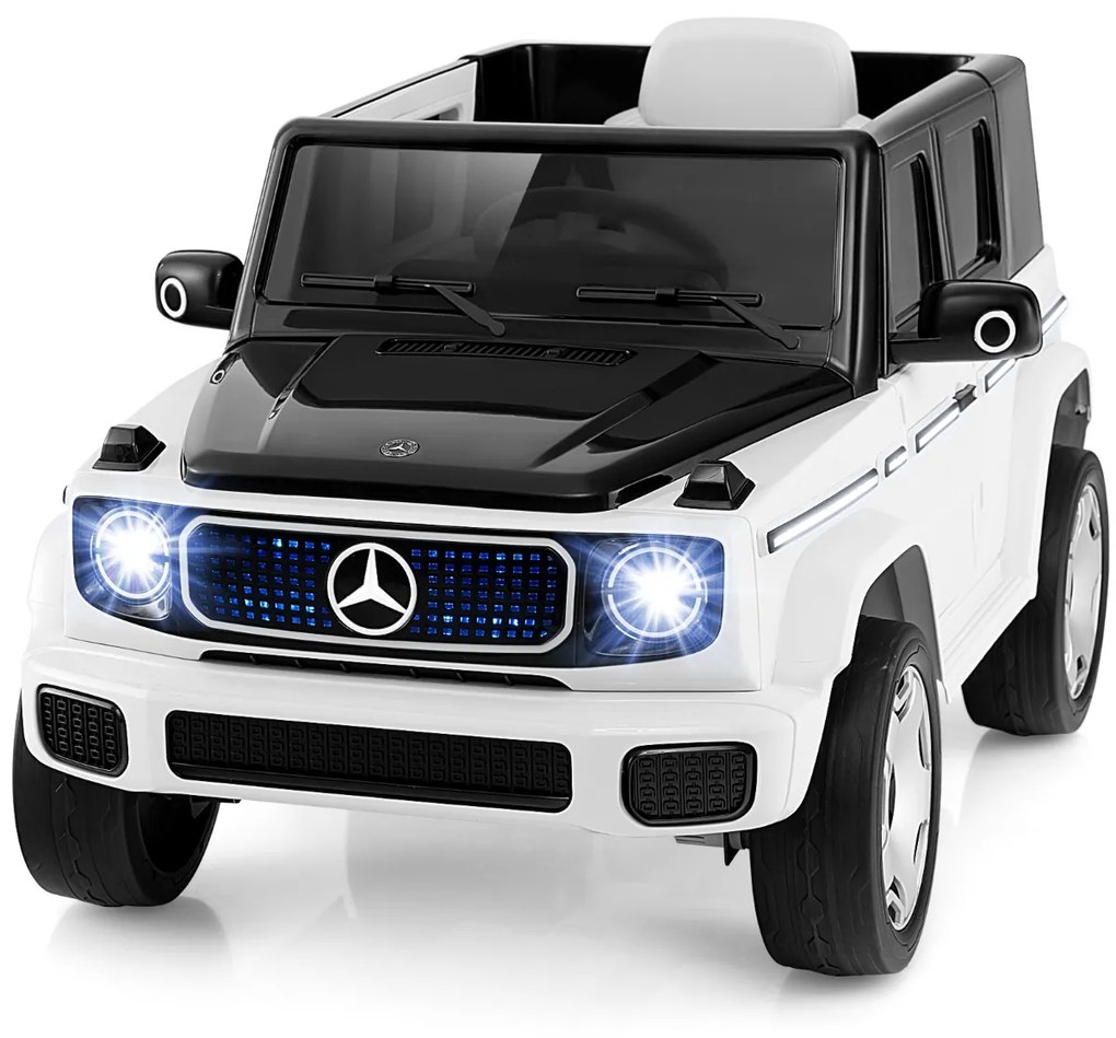 Carro elétrico para crianças com licença Mercedes-Benz 4WD 12V com controlo remoto Luzes LED Música Buzina Branco