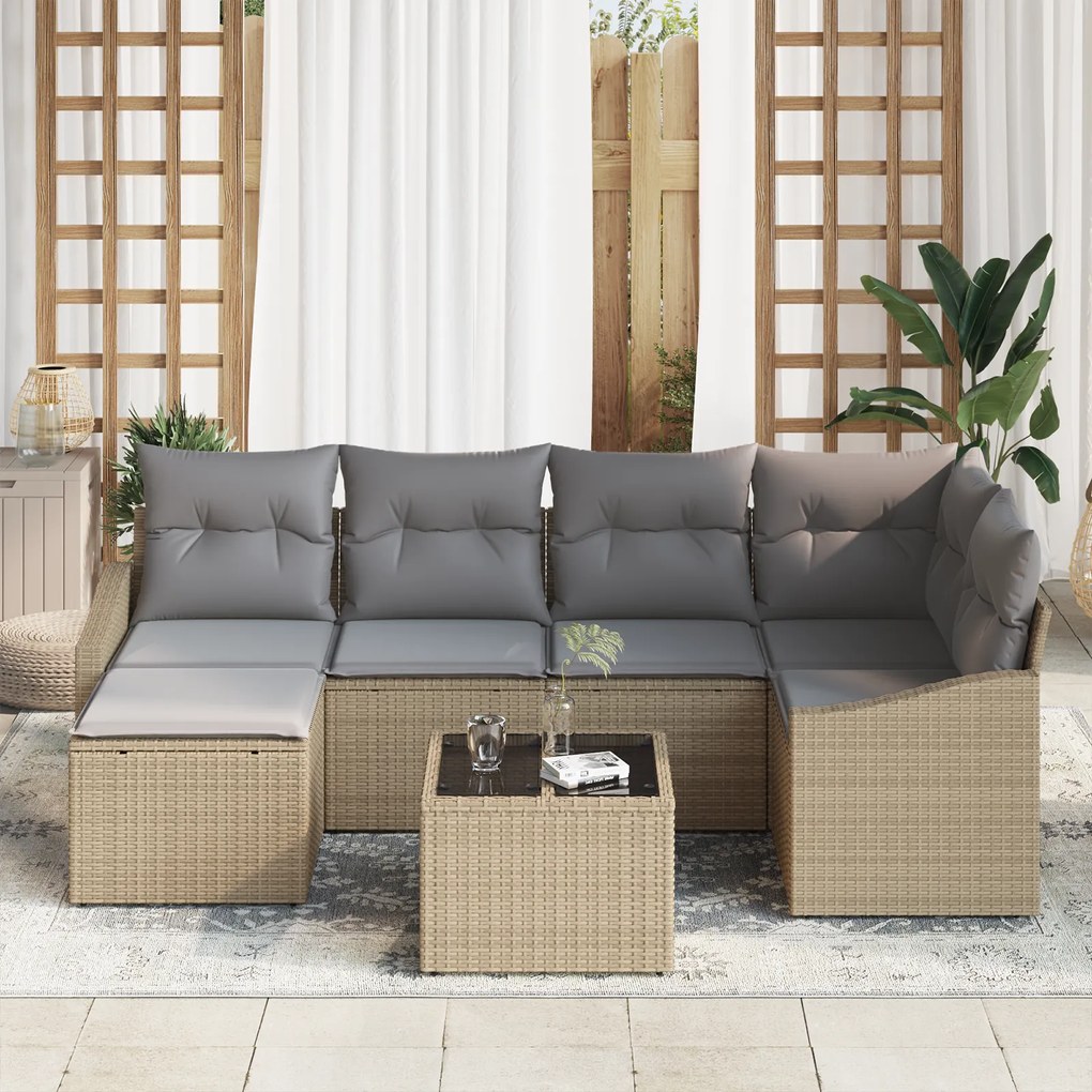 Conjunto de Jantar de 7 Peças com Almofadas de Rattan Preto