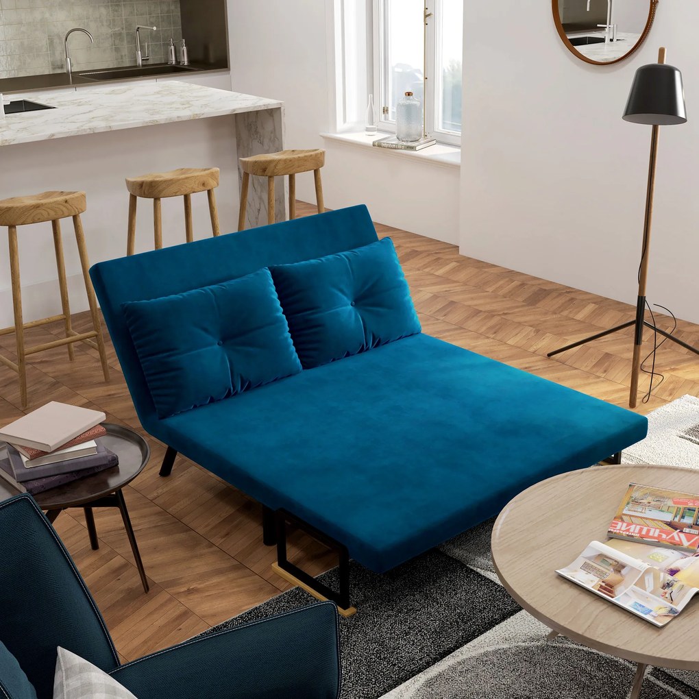 Sofá Cama Sofá Convertível em Cama de 2 Lugares Dobrável com Encosto Ajustável em 5 Níveis e 2 Almofadas 102x73x81 cm Azul