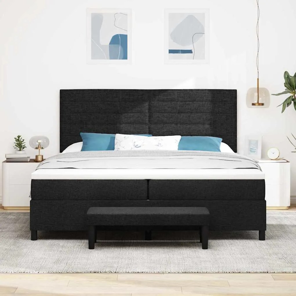 Cama com Box Spring com Colchão &amp; Banco Preto 200x200 cm Tecido