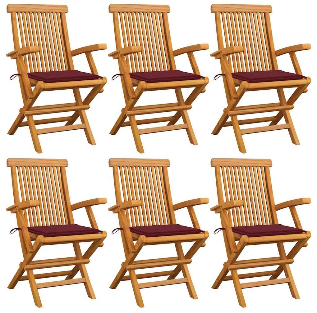 vidaXL Cadeiras jardim c/ almofadões vermelho tinto 6 pcs teca maciça