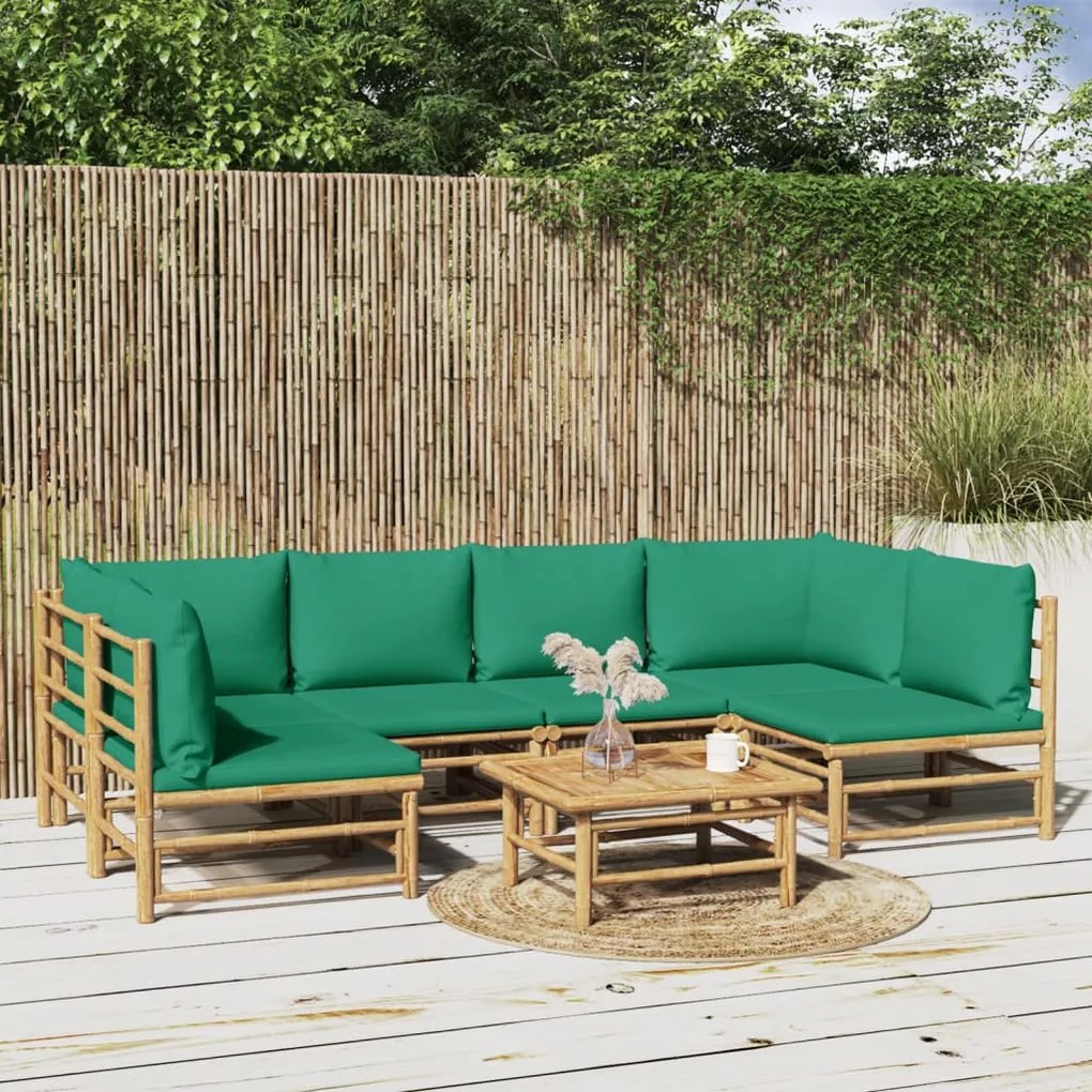 7 pcs conjunto lounge de jardim bambu c/ almofadões verdes