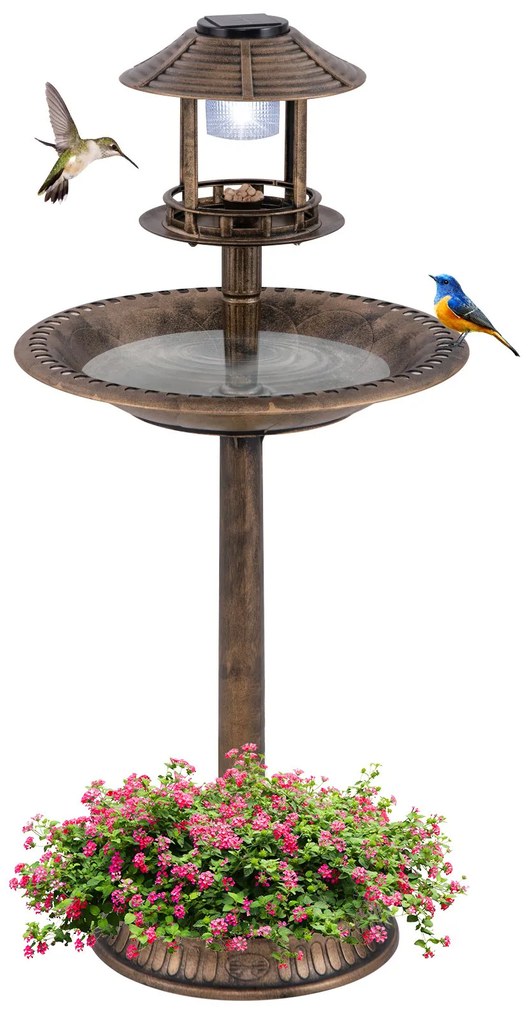 Bebedouro jardim para pássaros 51 x 51 x 107 cm com luz solar e vaso, estação de alimentação Bronze