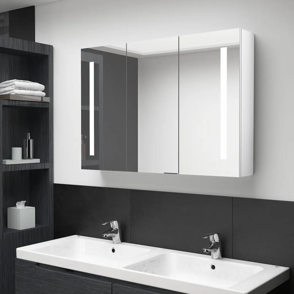 326531 vidaXL Armário espelhado casa de banho LED 89x14x62cm branco brilhante
