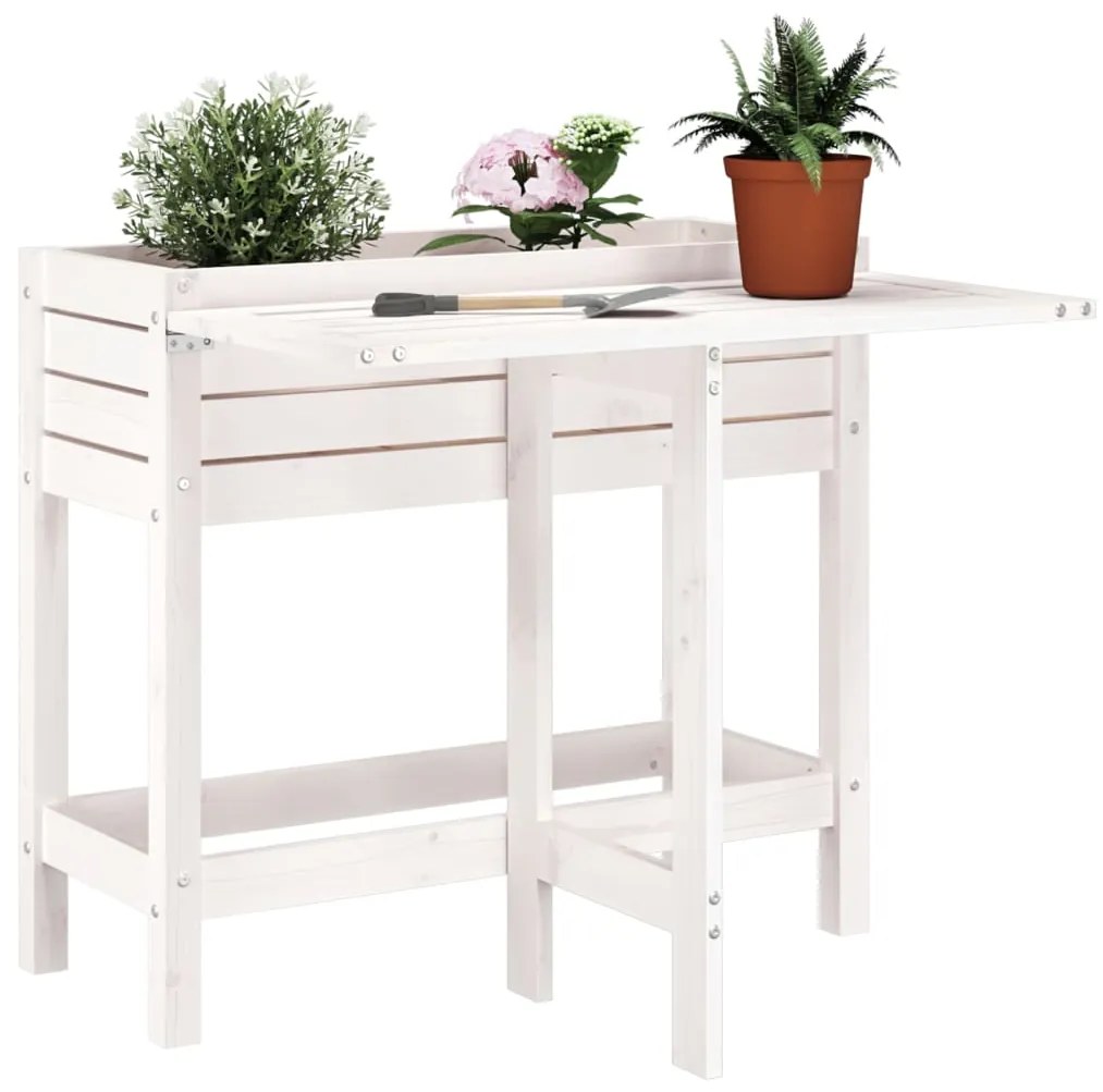 vidaXL Floreira de jardim com tampo dobrável pinho maciço branco
