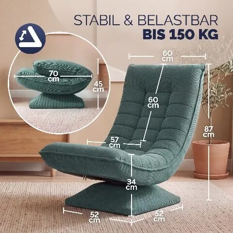 Poltrona em veludo cotelê Aberdeen, ajustável em 5 posições, giratória a 360°, dobrável cinzento-esverdeado