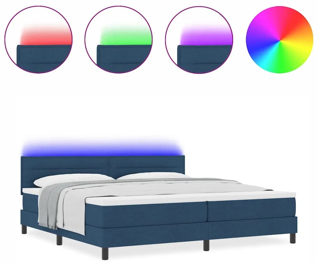 Cama Box com Colchão &amp; LED Azul 200x200 cm em Tecido