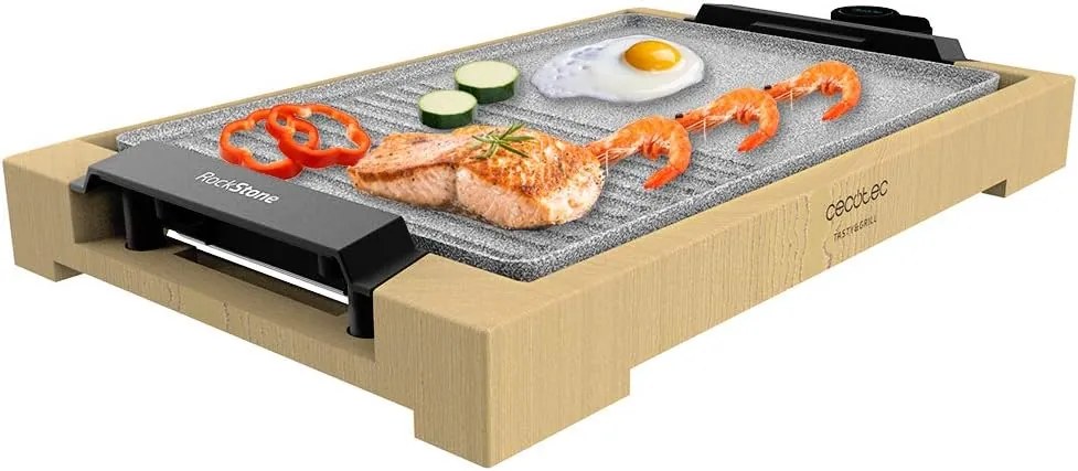Grelhador elétrico com 2000 W, Estrutura de bambu Tasty&Grill 2000 Bamboo MixStone, Termóstato ajustável, Superfície mista Grill e grelha, Revestiment