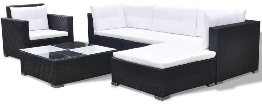 6 pcs conjunto lounge de jardim c/ almofadões vime PE preto