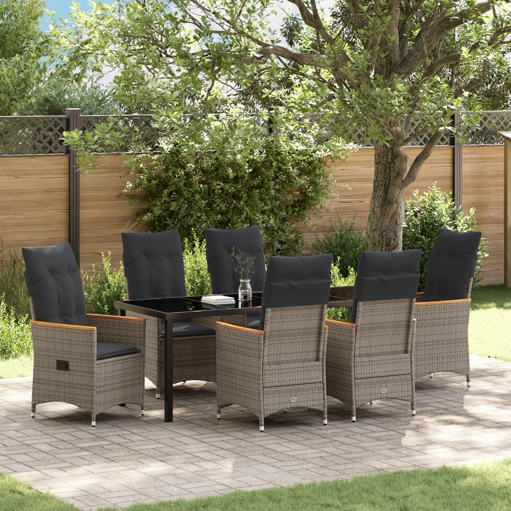 vidaXL Conjunto de 7 Peças para Jantar de Jardim com Almofadas Cinza Rattan Polipropileno