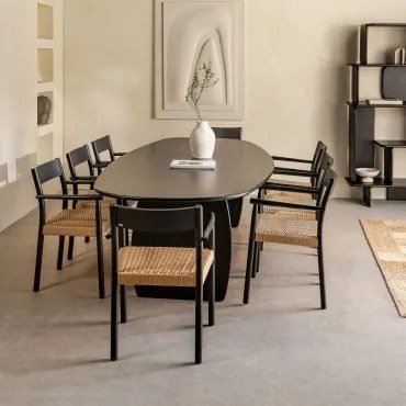 Conjunto De Mesa Oval 260x120 Cm Em Madeira De Manga Agathe E 8 Cadeiras De Jantar Em Madeira De Carvalho Mara Preto Claro - Sklum