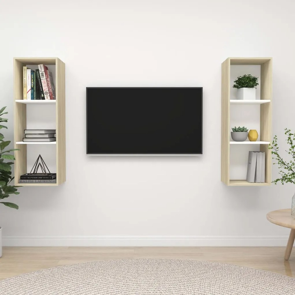 vidaXL Armários de parede p/ TV 2pcs derivados madeira branco/sonoma