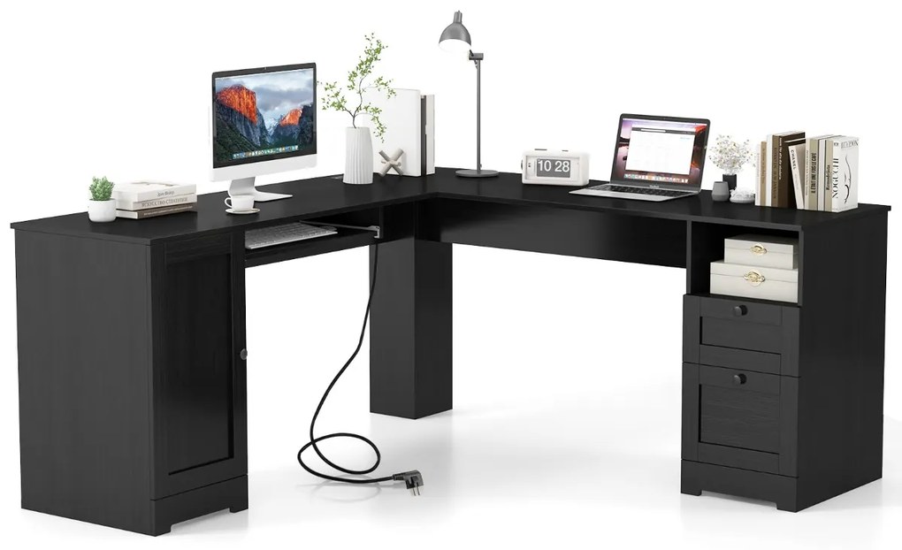 Secretária em L de 168 cm com 2 tomadas CA, uma porta USB e uma porta Tipo C 2 gavetas Estante ajustável e tabuleiro para teclado Preto