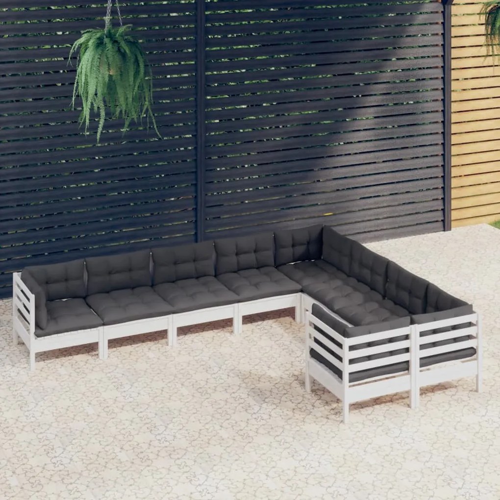 9 pcs conjunto lounge de jardim c/ almofadões pinho branco