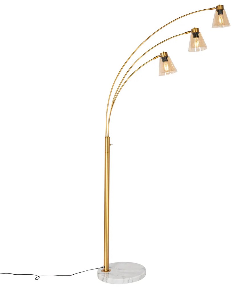Candeeiro de Arco Bronze com Mármore e Vidro Âmbar 3 Luzes - Nina Art Deco