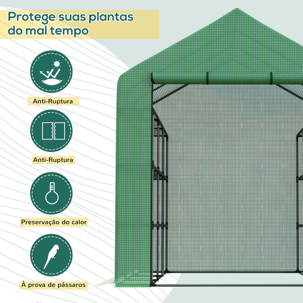 Estufa de Jardim Estufa de Exterior com Prateleiras de 4 Níveis Porta com Fecho de Correr e Estrutura de Aço 244x180x210 cm Verde