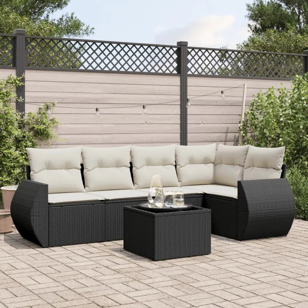 6 pcs conjunto sofás de jardim c/ almofadões vime PE preto