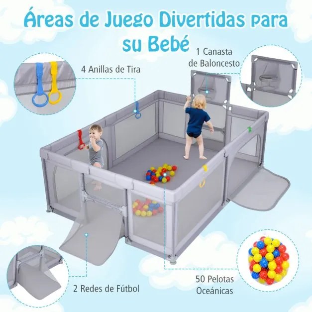 Parque infantil grande e seguro 207 x 145 x 68 cm com cesto de basquetebol e redes de futebol, argolas para lançar e bolas oceânicas, portas cinza cla