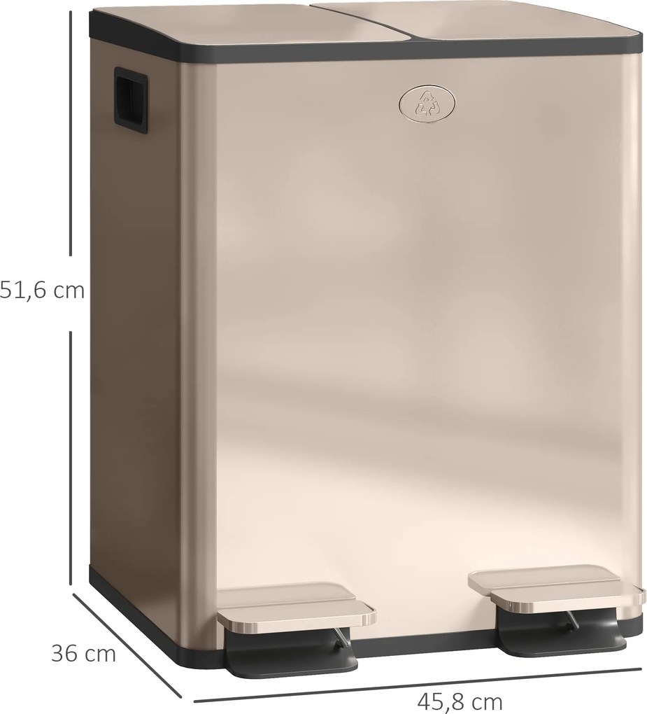 Caixote do lixo de cozinha com 2 compartimentos de 2 x 20 L, aço inoxidável, tampa com fecho suave, 45,8 x 36 x 51,6 cm, dourado