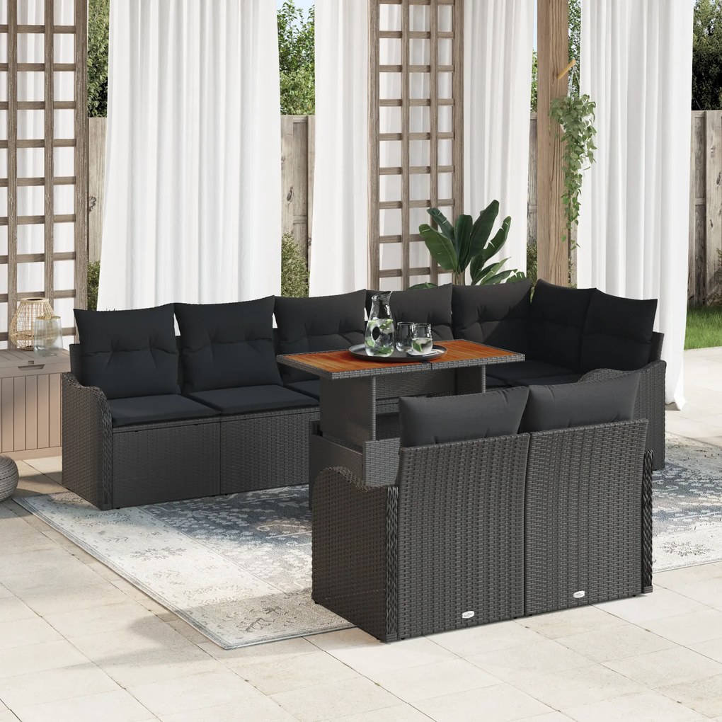 Conjunto de Sofá de Jardim de 9 Peças com Almofadas Rattan Preto