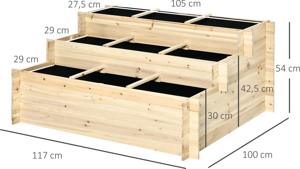 Floreira de Plantação de Madeira de 3 Níveis Horta Vertical em Escada com Malha Geotextil para Cultivos de Plantas Flores para Jardim Terraço Exterior