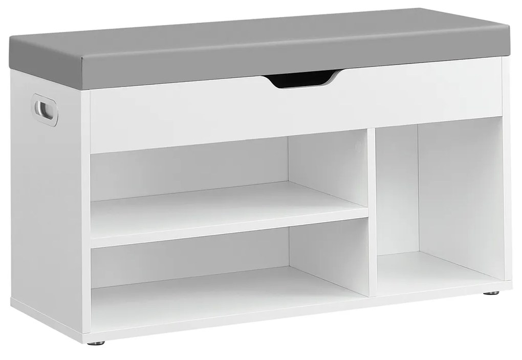 Banco sapateira com espaço de arrumação, estofado, com 3 compartimentos abertos 30 x 80 x 44 cm Branco