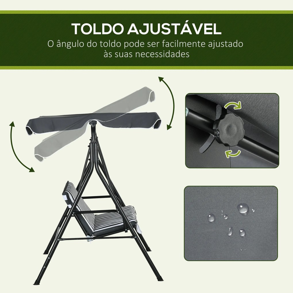 Balanço de Jardim Exterior Baloiço de 3 Lugares com Toldo Ajustável e Estrutura de Aço 172x110x153 cm Cinzento e Branco