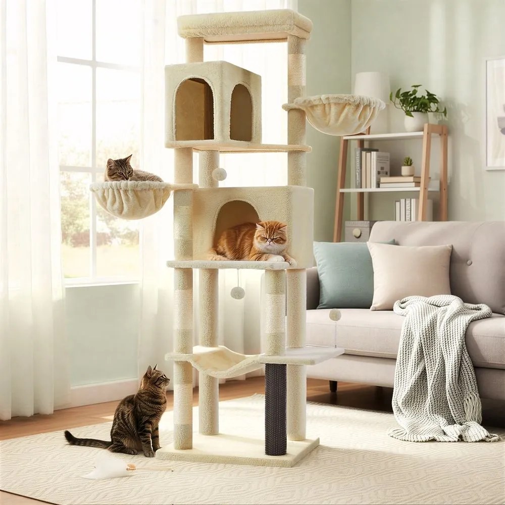 Arranhador gatos com 59 x 48 x 190 cm, com 2 cavidades e 2 recantos para descansar, cor bege areia
